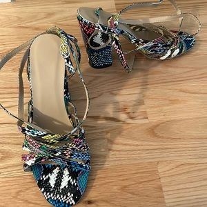 Multicolor open toe sandals with 3.5 in block heel and ankle straps